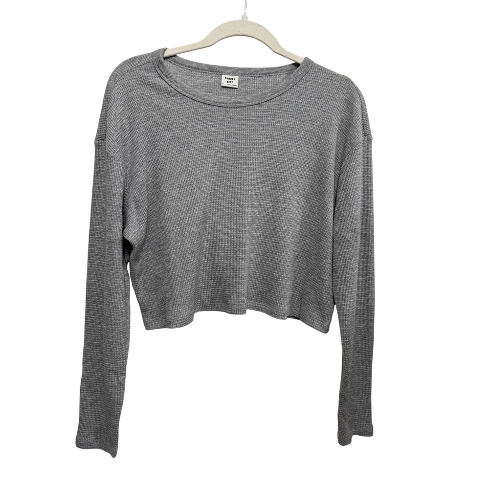 Sunday Best Aritzia Top Womens S Grey Waffle Knit‎ Cropped Thermal Long Sleeve
